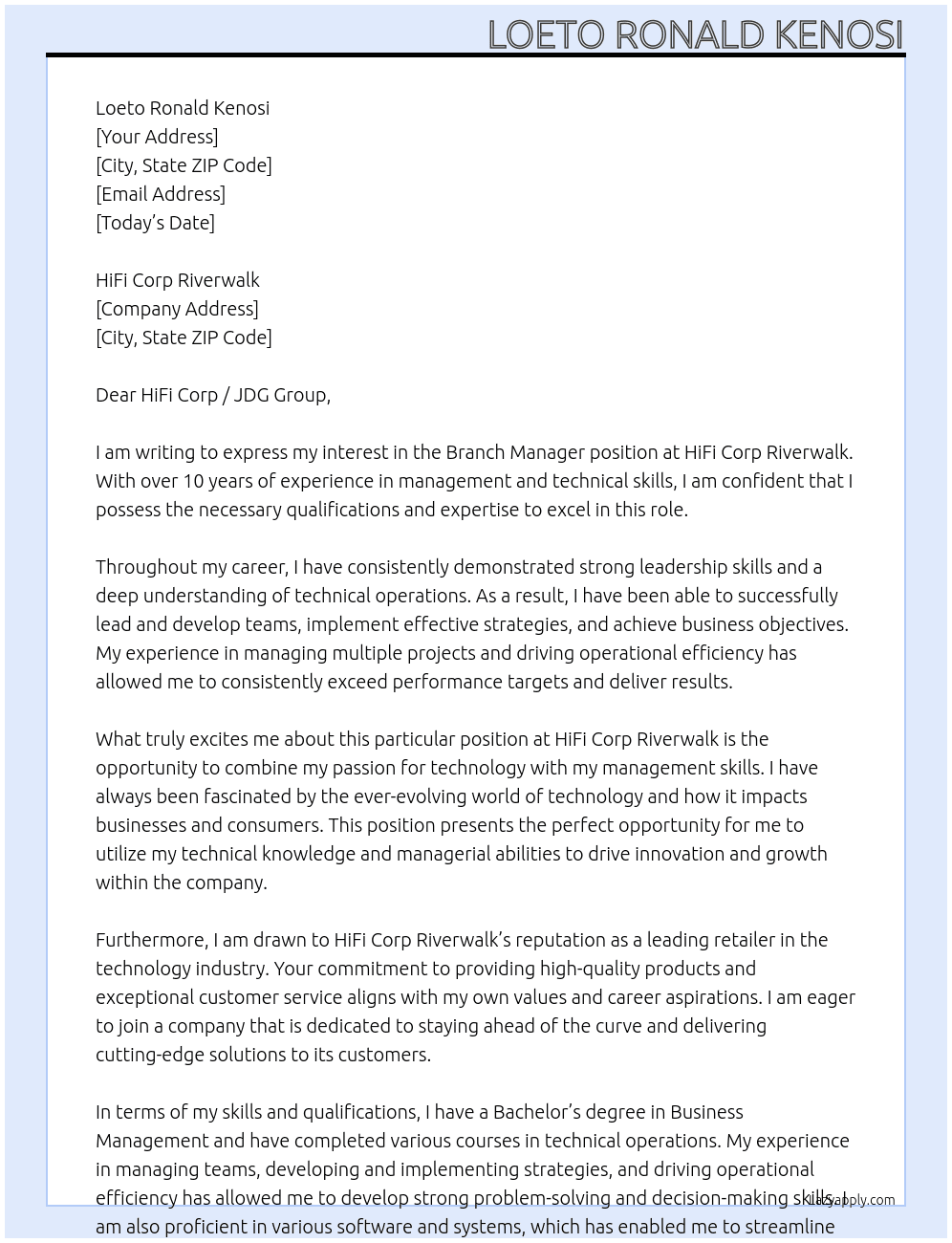 Branch Manager  At HiFi Corp Riverwalk  Cover Letter