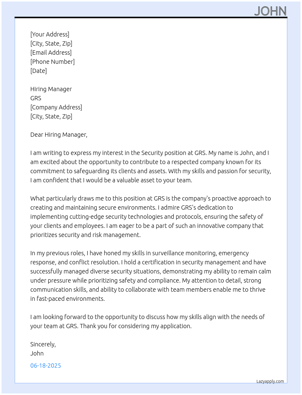 security At GRS Cover Letter