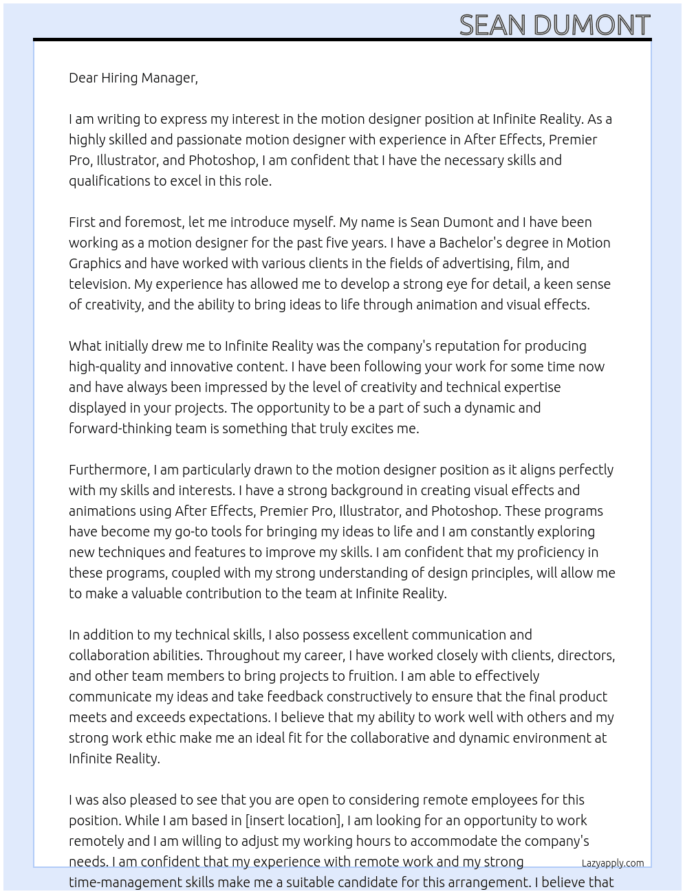 motion designer At Infinite reality Cover Letter