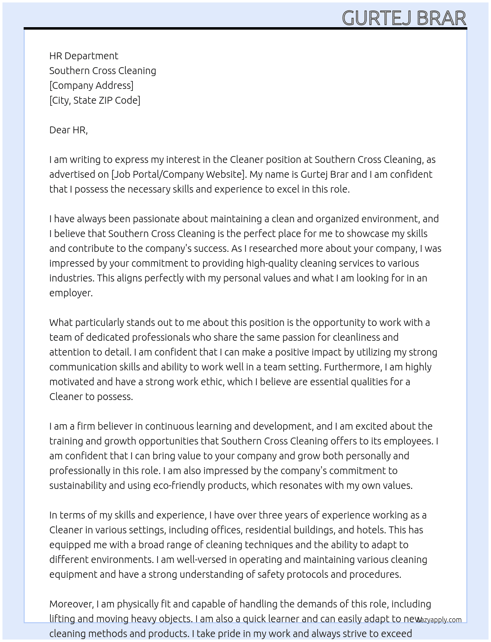 Cleaner At SOUTHERN CROSS CLEANING  Cover Letter