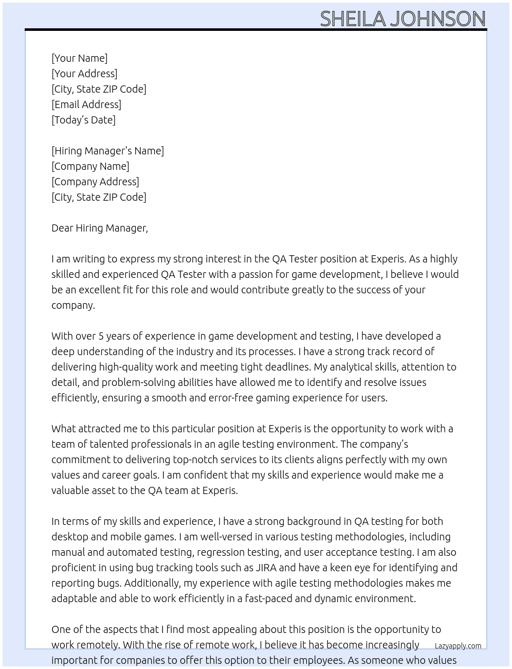 QA Tester  At Experis  Cover Letter