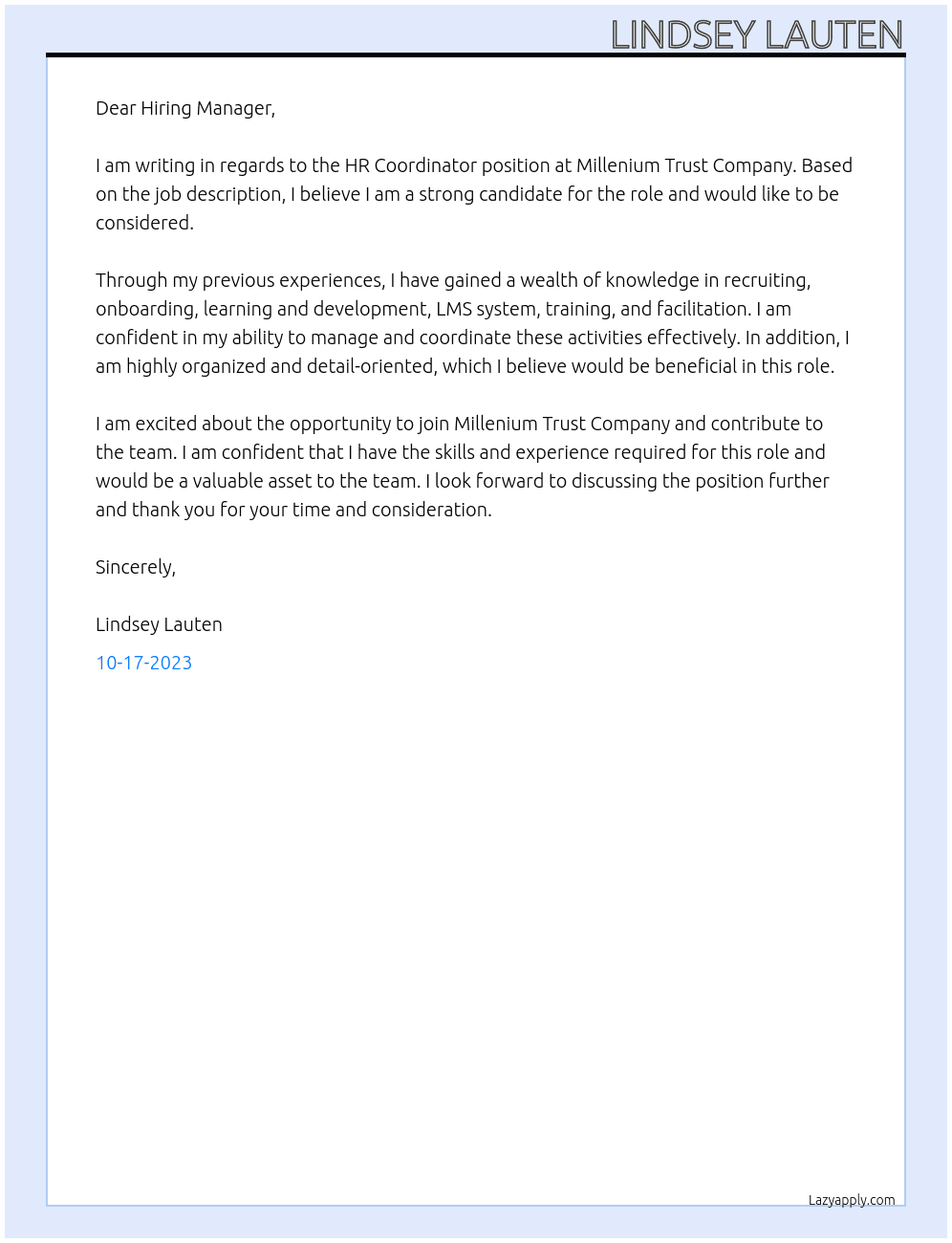 HR Coordinator At Millenium Trust Company Cover Letter