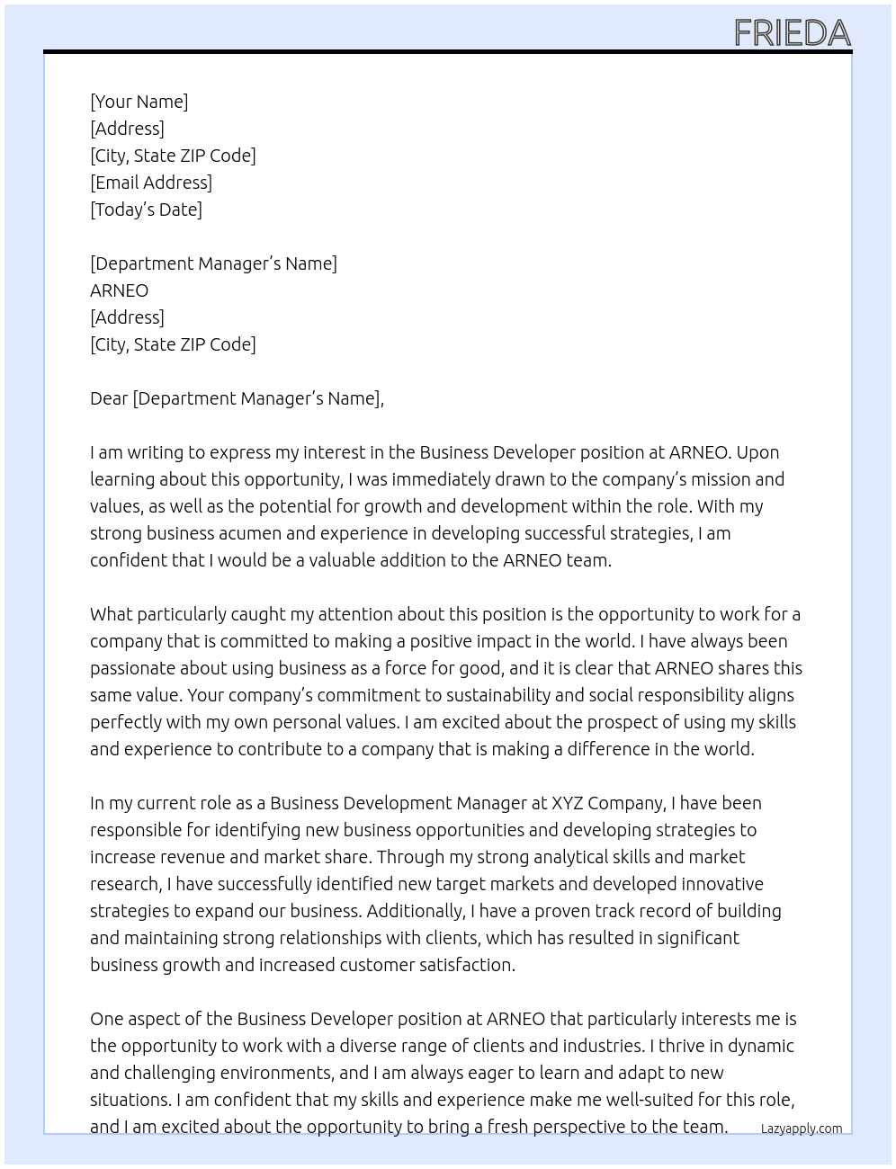 Business Developer At ARNEO Cover Letter
