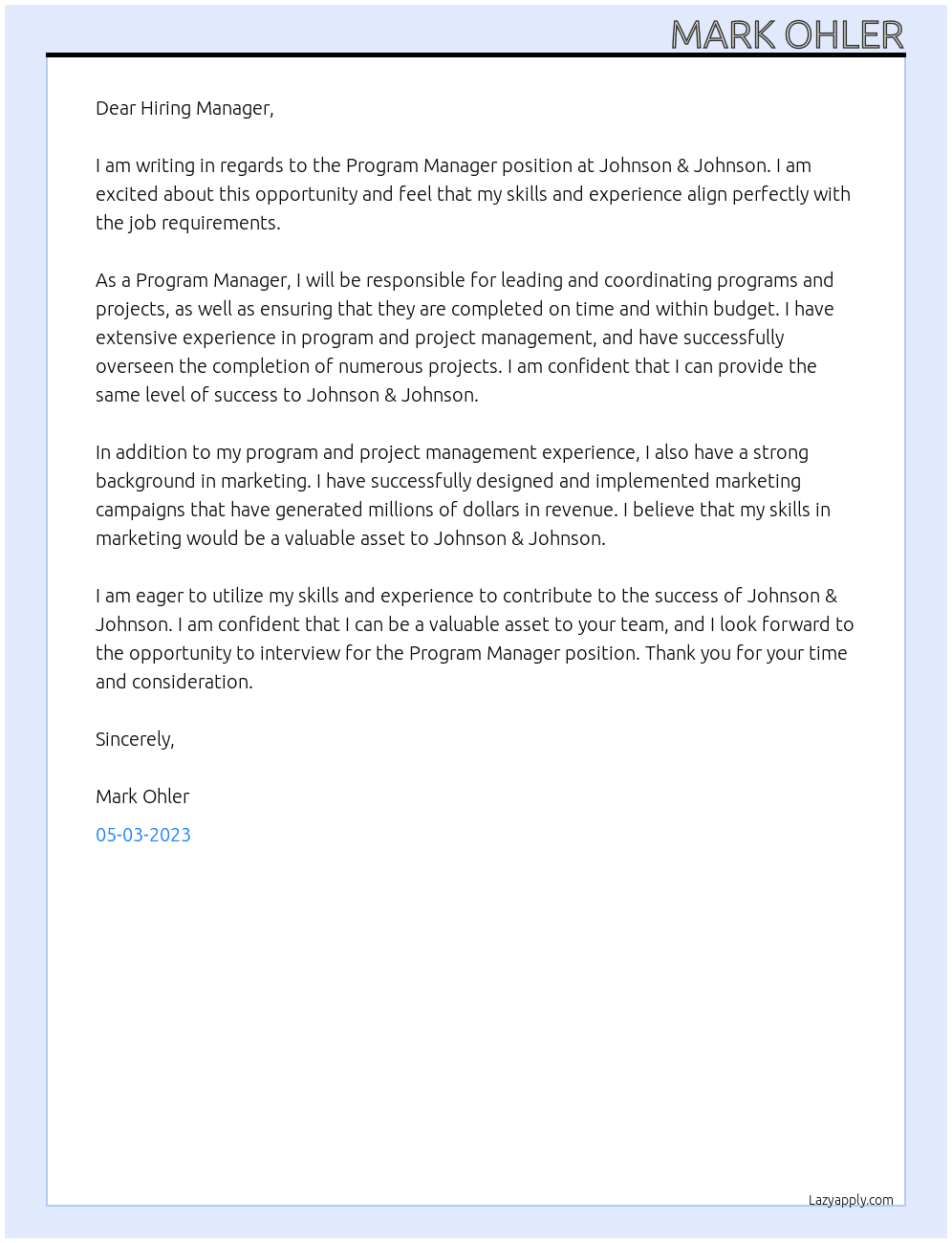 Program Manager At Johnson & Johnson Cover Letter