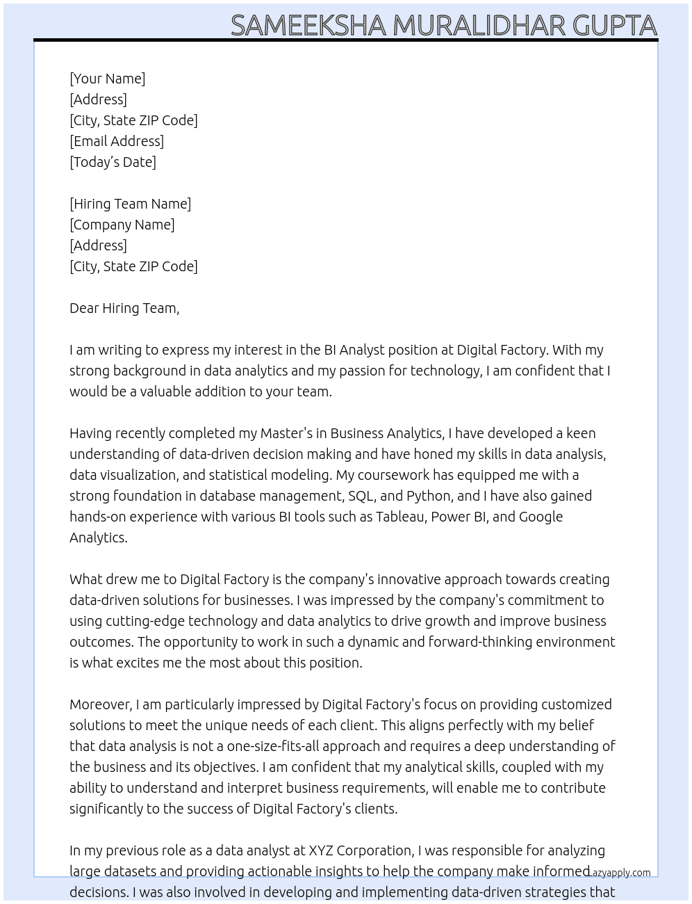 BI Analyst At Digital Factory Cover Letter