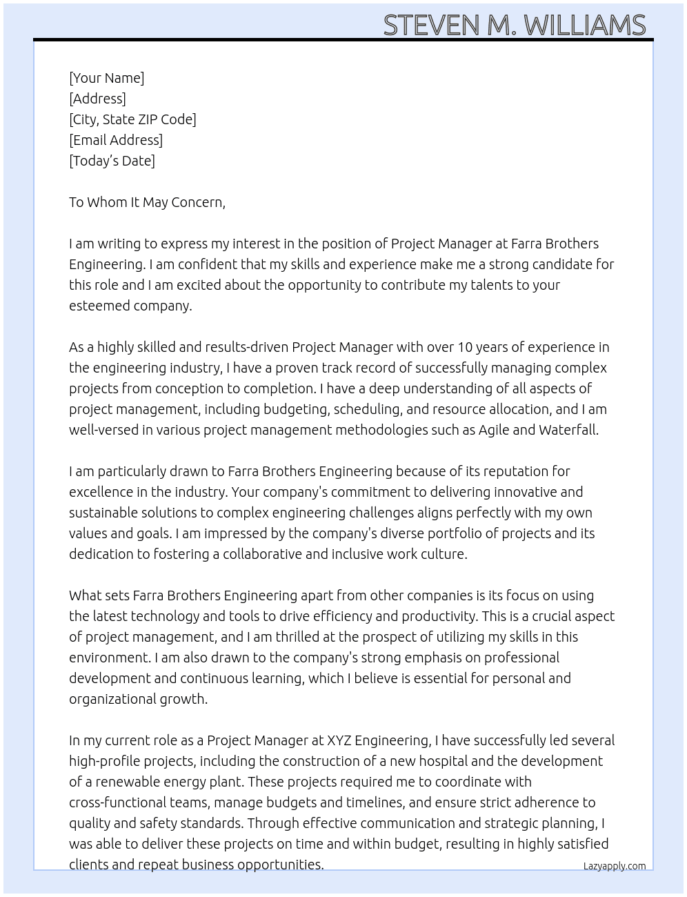 Project Manager  At Farra Brothers Engineering  Cover Letter
