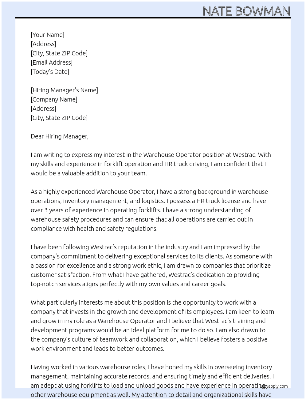 Warehouse operator  At Westrac Cover Letter
