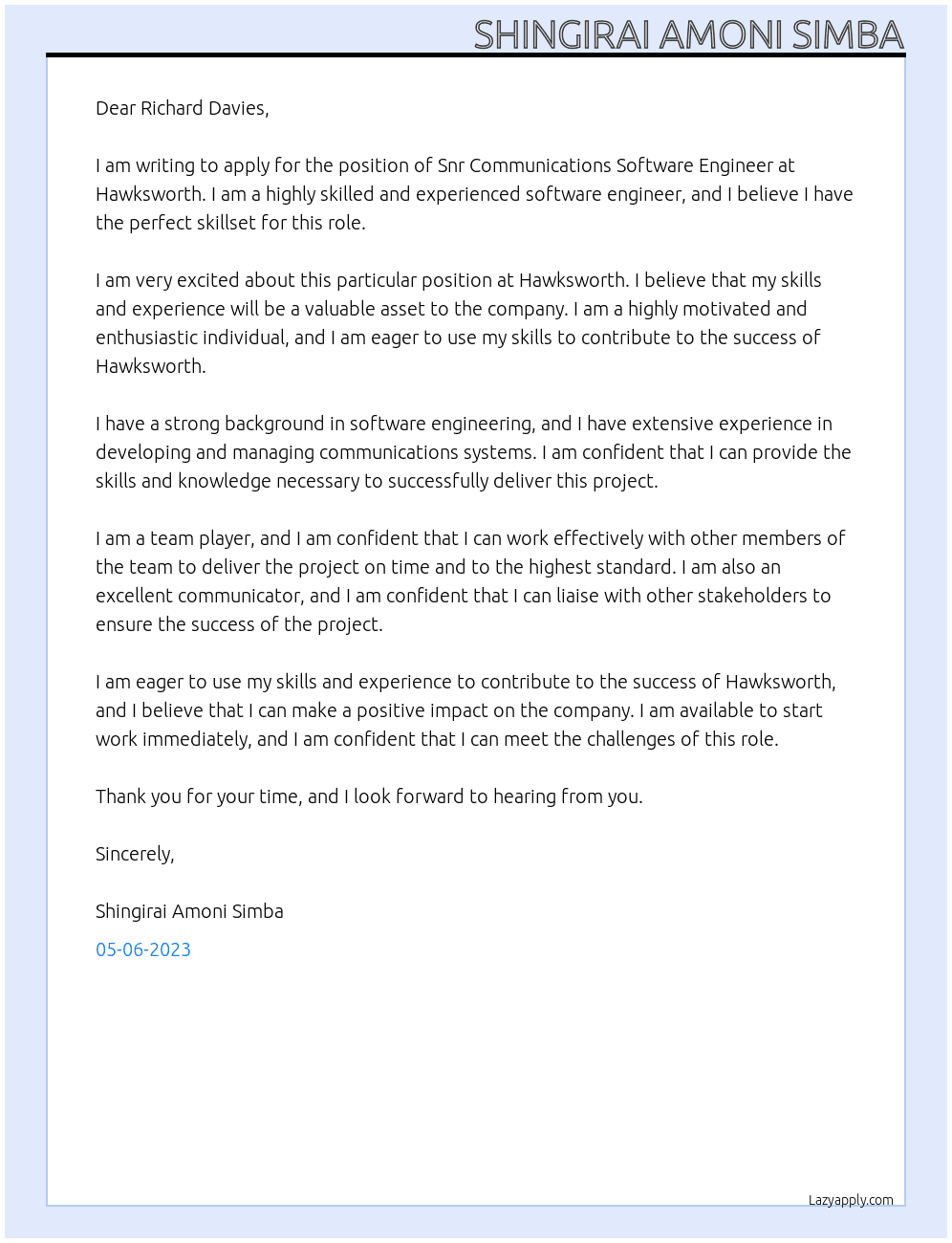 Snr Communications Software Engineer At  Hawksworth Cover Letter