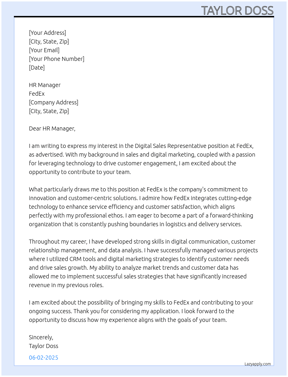 digital Sales rep At FedEx Cover Letter