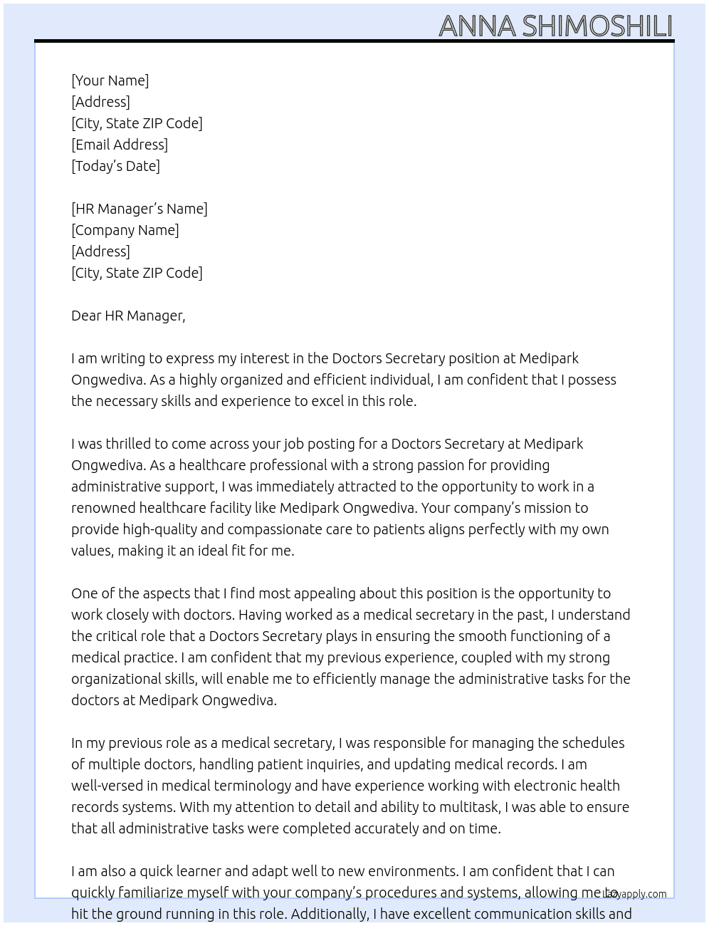 Doctors Secretary At Medipark Ongwediva Cover Letter