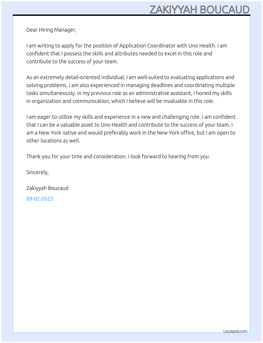 Application Coordinator At Uno Health Cover Letter