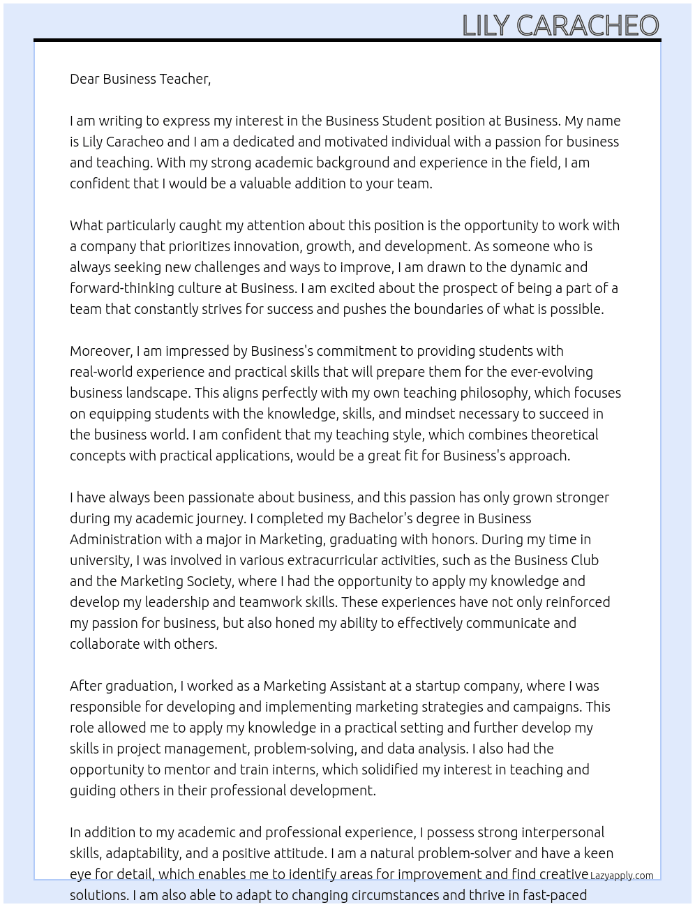 Business Student At Business Cover Letter