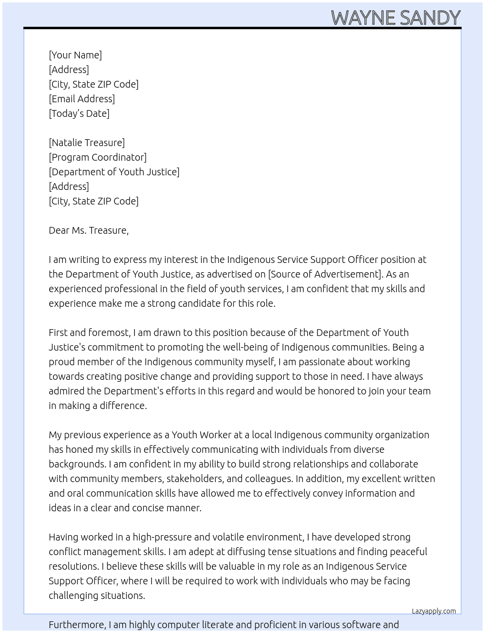 Indigenous Service Support Officer At Department of Youth Justice Cover Letter