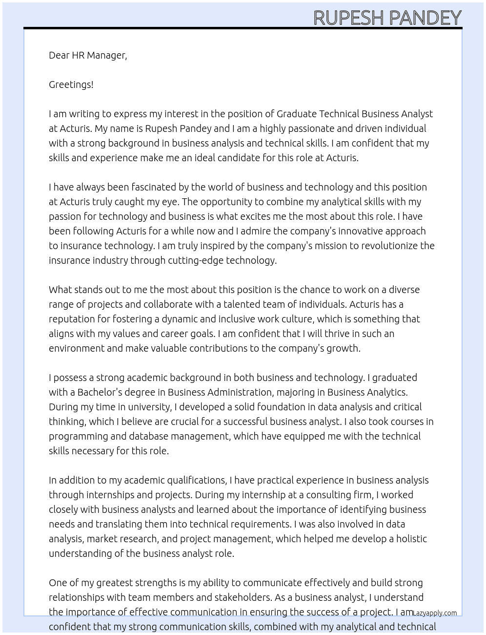 Graduate Technical Business Analyst At Acturis Cover Letter