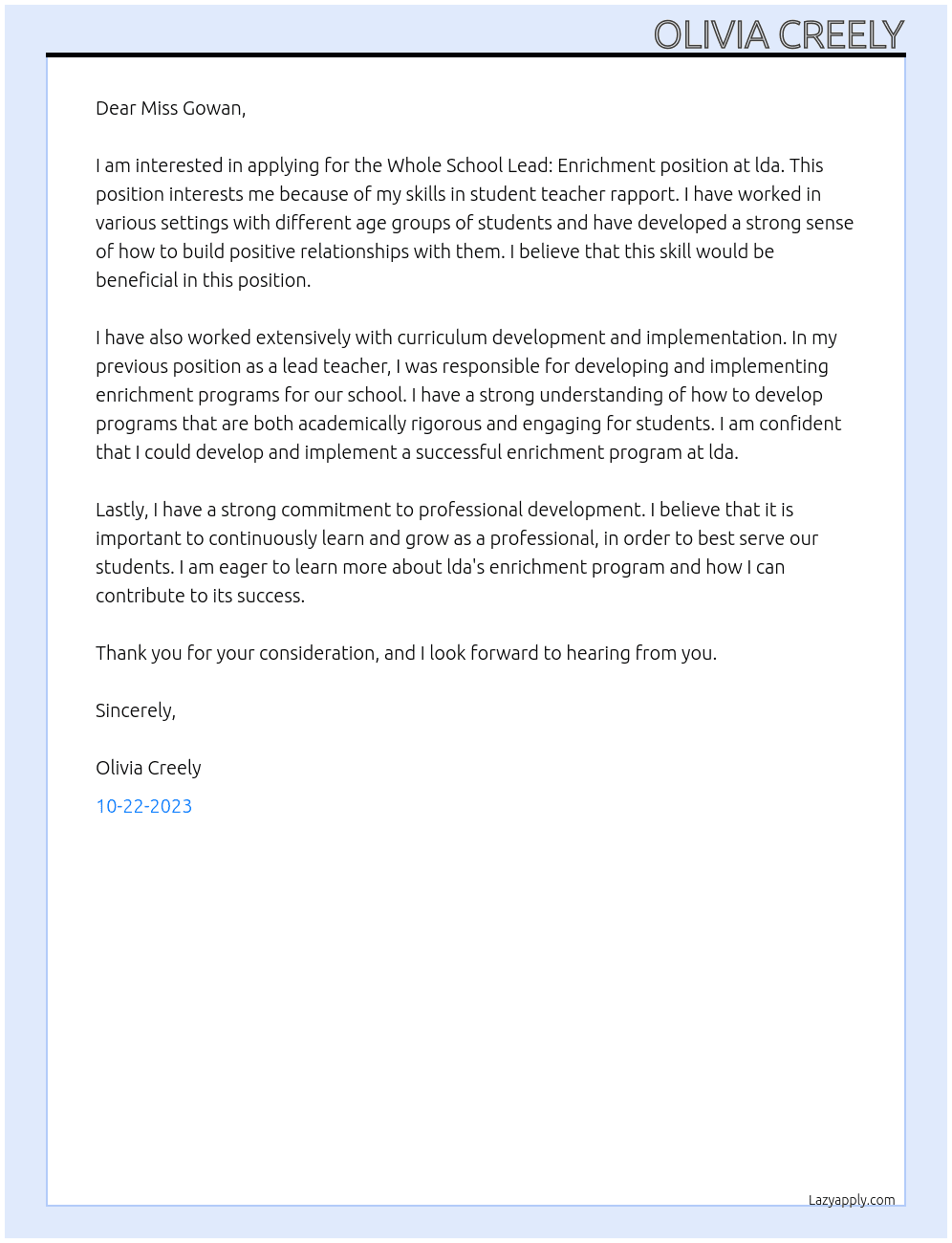 Whole School Lead: Enrichment At lda Cover Letter