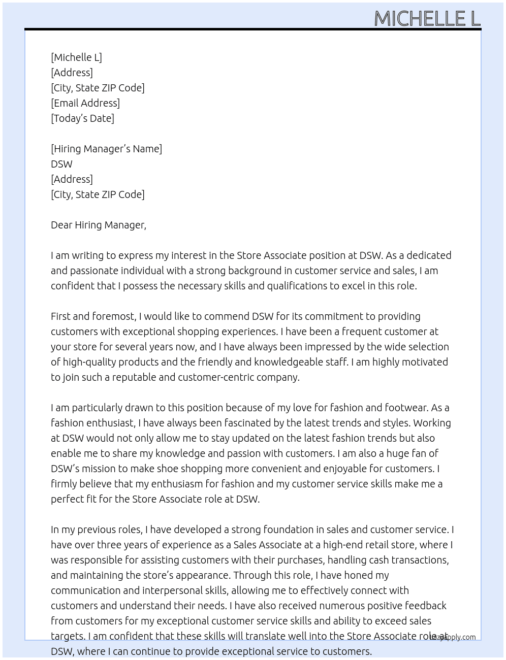 Store Associate At DSW Cover Letter