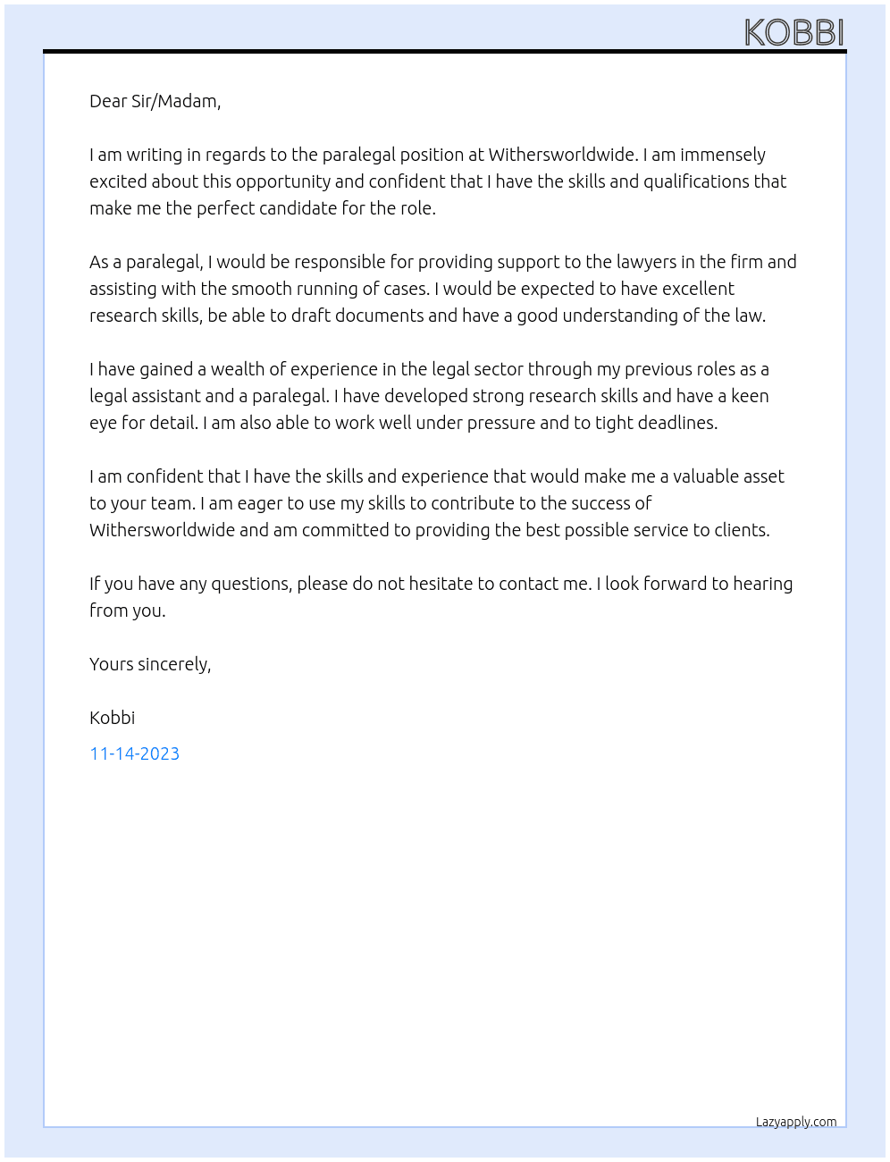 paralegal  At Withersworldwide Cover Letter