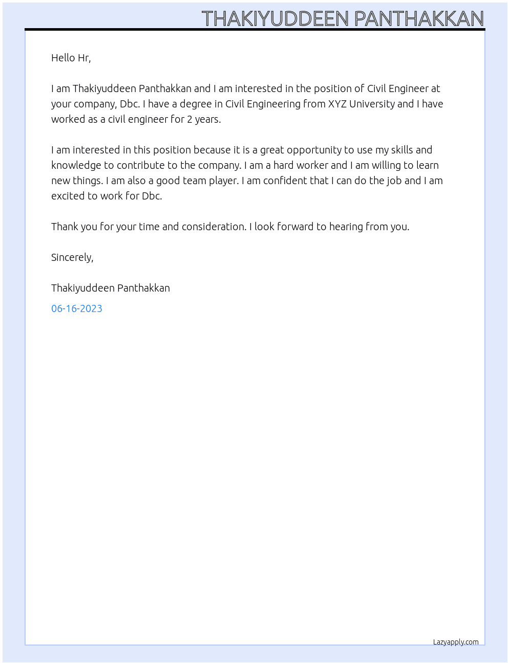 CIVIL ENGINEER  At Dbc Cover Letter