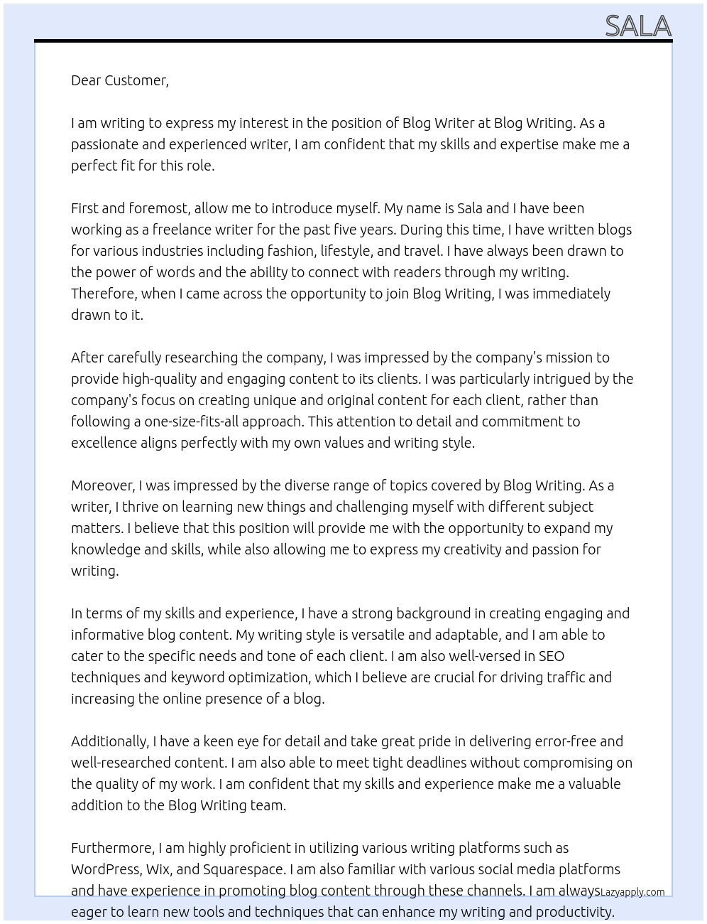 Blog writer At Blog writing  Cover Letter