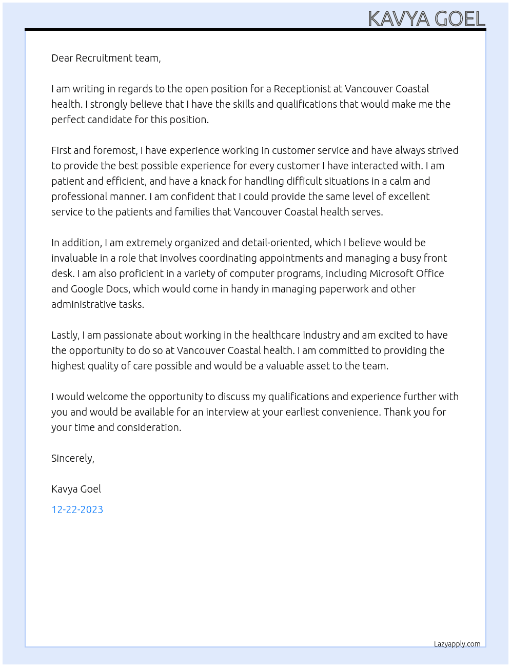Receptionist At Vancouver Coastal health Cover Letter