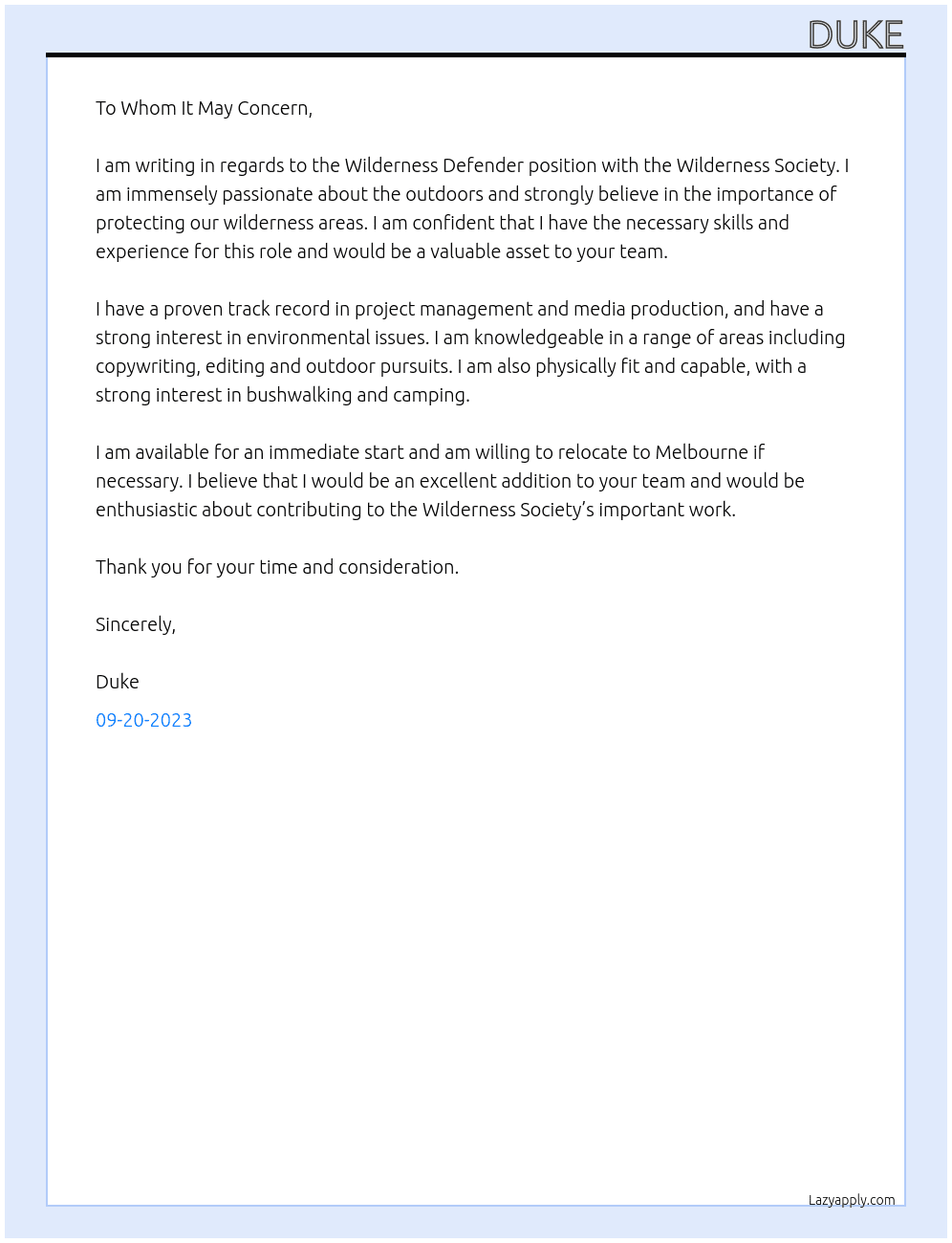 Wilderness Defender At Wilderness Society Cover Letter