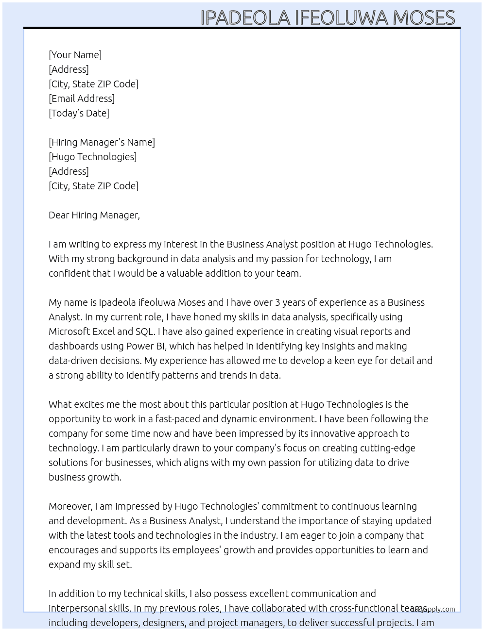 Business Analyst  At Hugo Technologies  Cover Letter