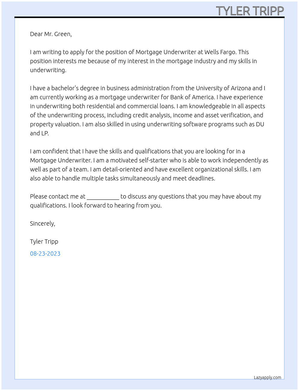 Mortgage Underwriter At Wells Fargo Cover Letter