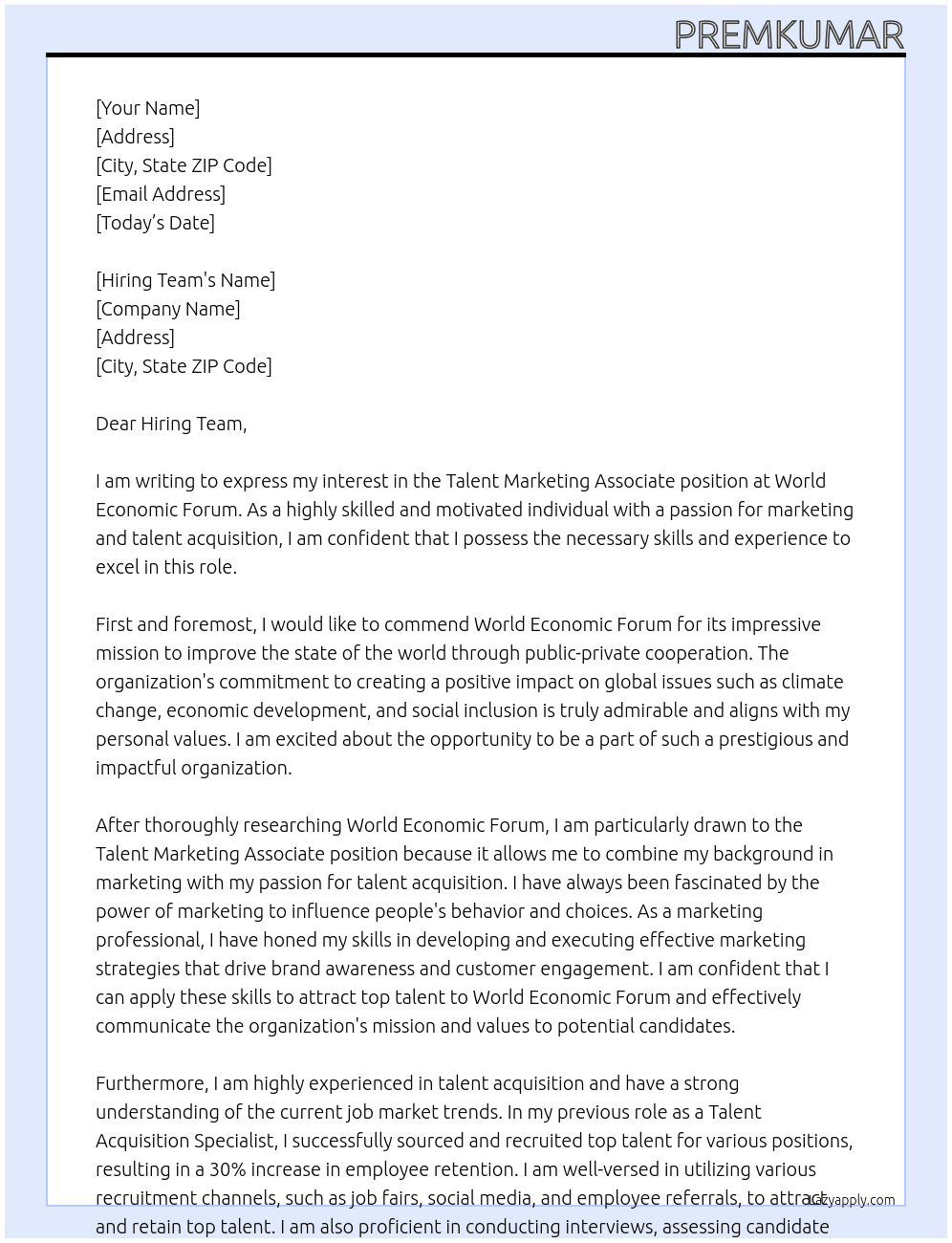 Talent Marketing Associate At World Economic Forum Cover Letter