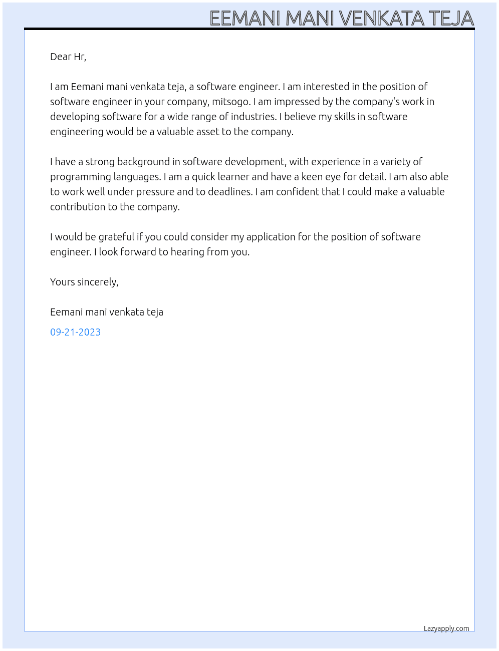software engineer At mitsogo Cover Letter