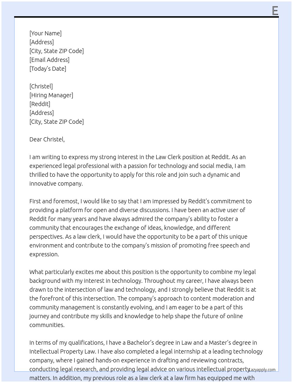 law clerk At reddit Cover Letter