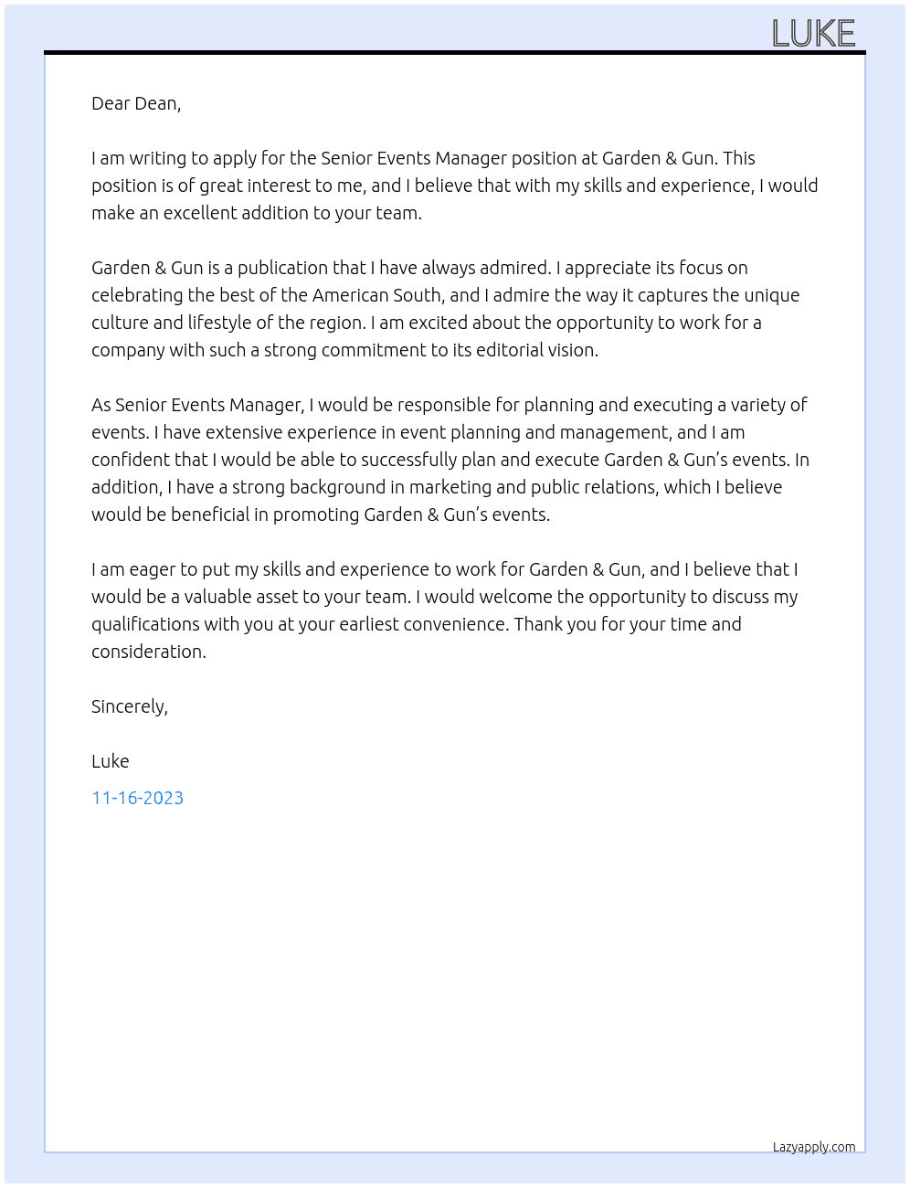 Senior Events Manager  At Garden & Gun  Cover Letter
