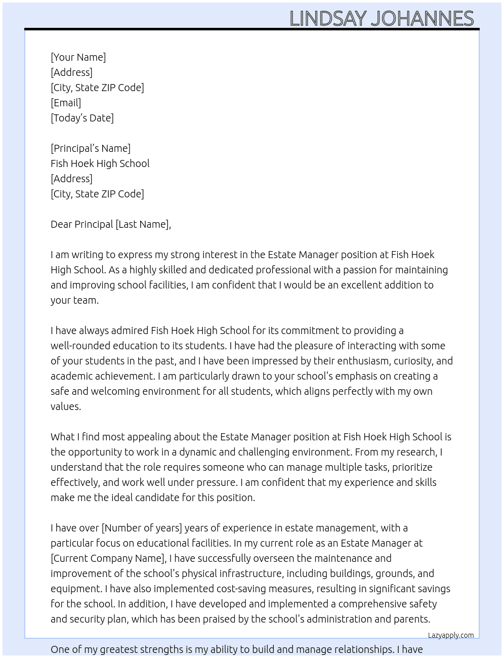 Estate manager  At Fish Hoek High School Cover Letter