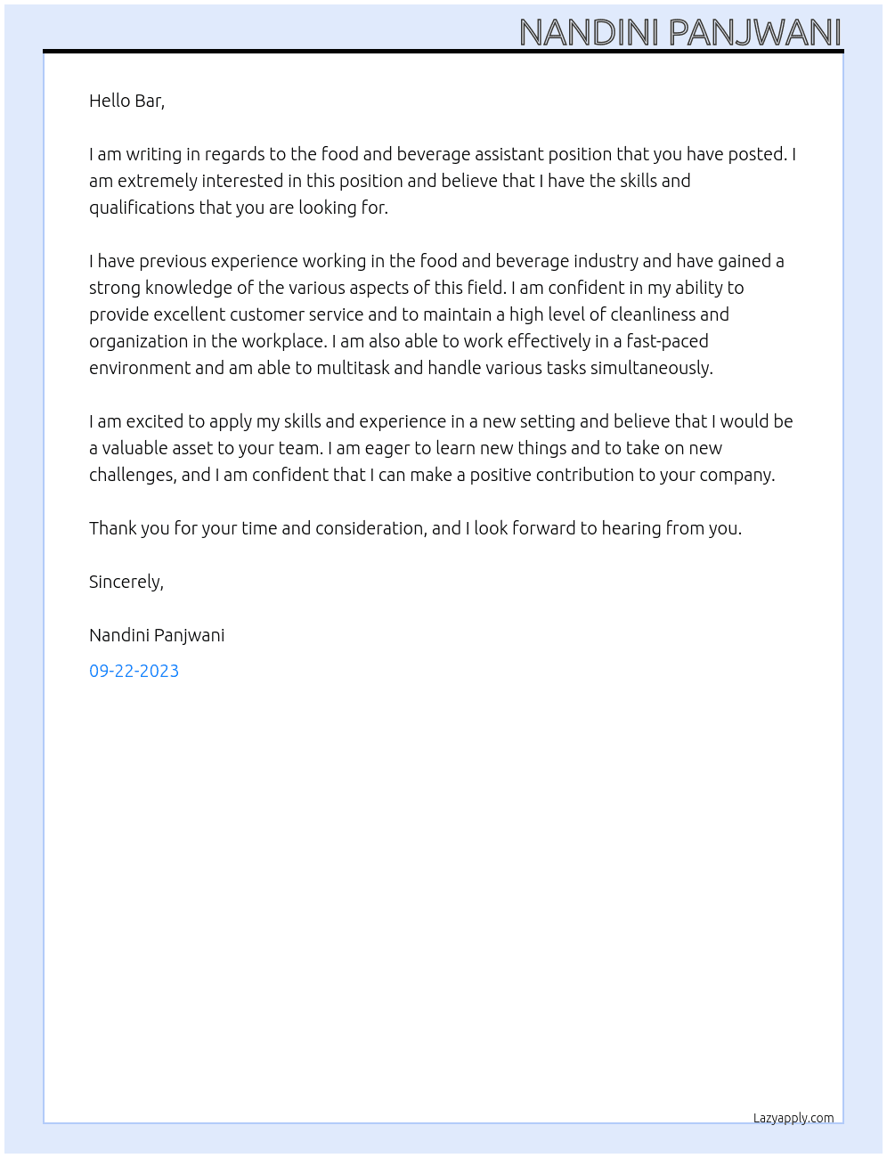 Food and beverage assistant At Bar Cover Letter