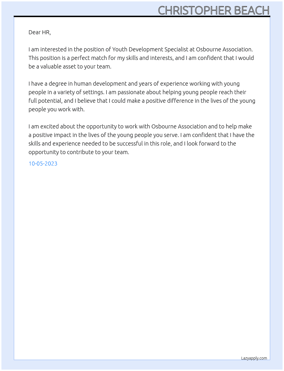 Youth Development Specialist  At Osbourne Association Cover Letter