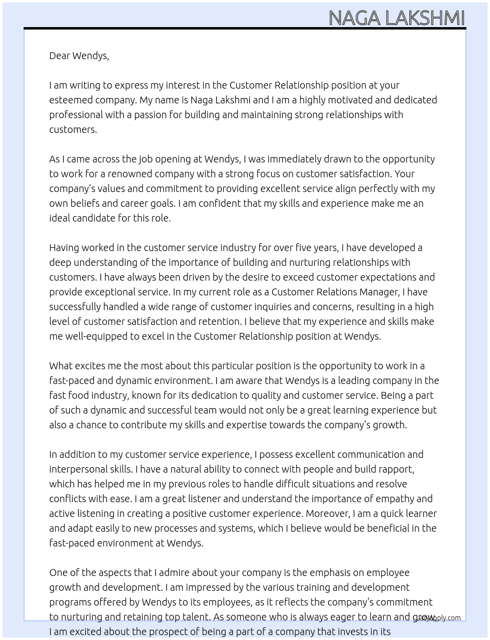 Customer Relationship At Wendys Cover Letter