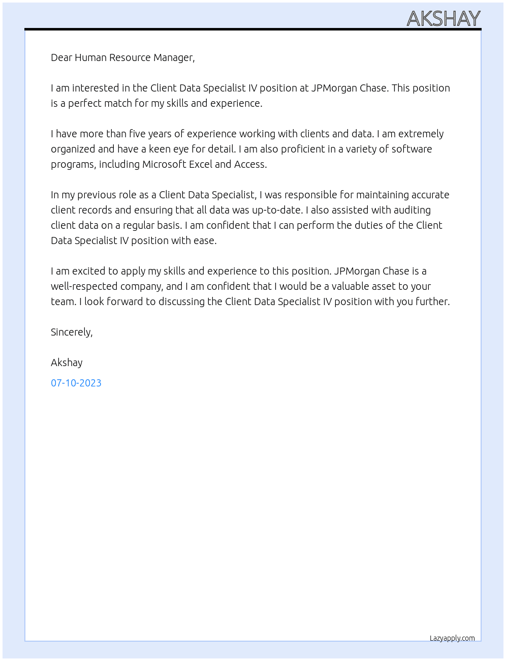 Client Data Specialist IV At JPMorgan Chase Cover Letter