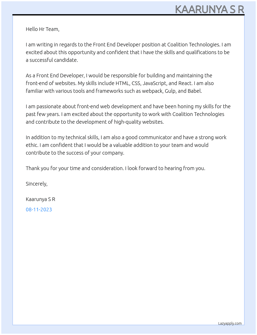  Front End Developer At Coalition Technologies Cover Letter