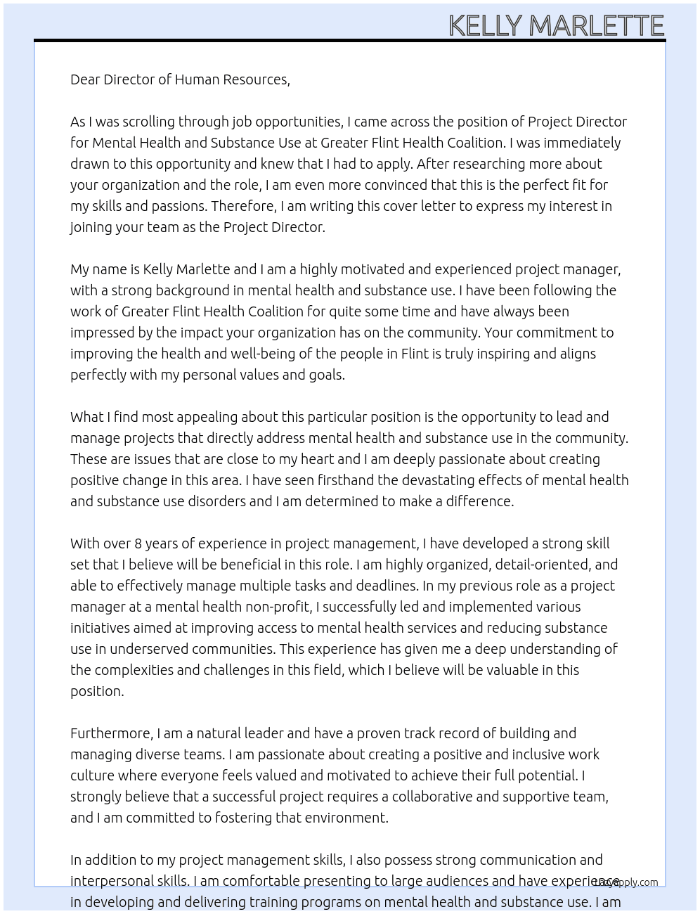 Project Director - Mental Health and Substance Use At Greater Flint Health Coalition Cover Letter