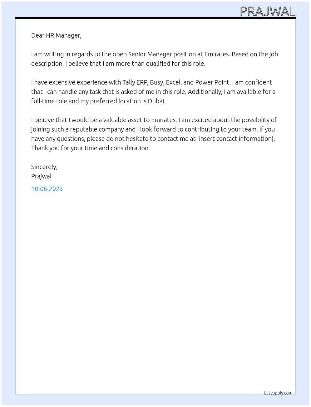 Senior manager At Emirates Cover Letter