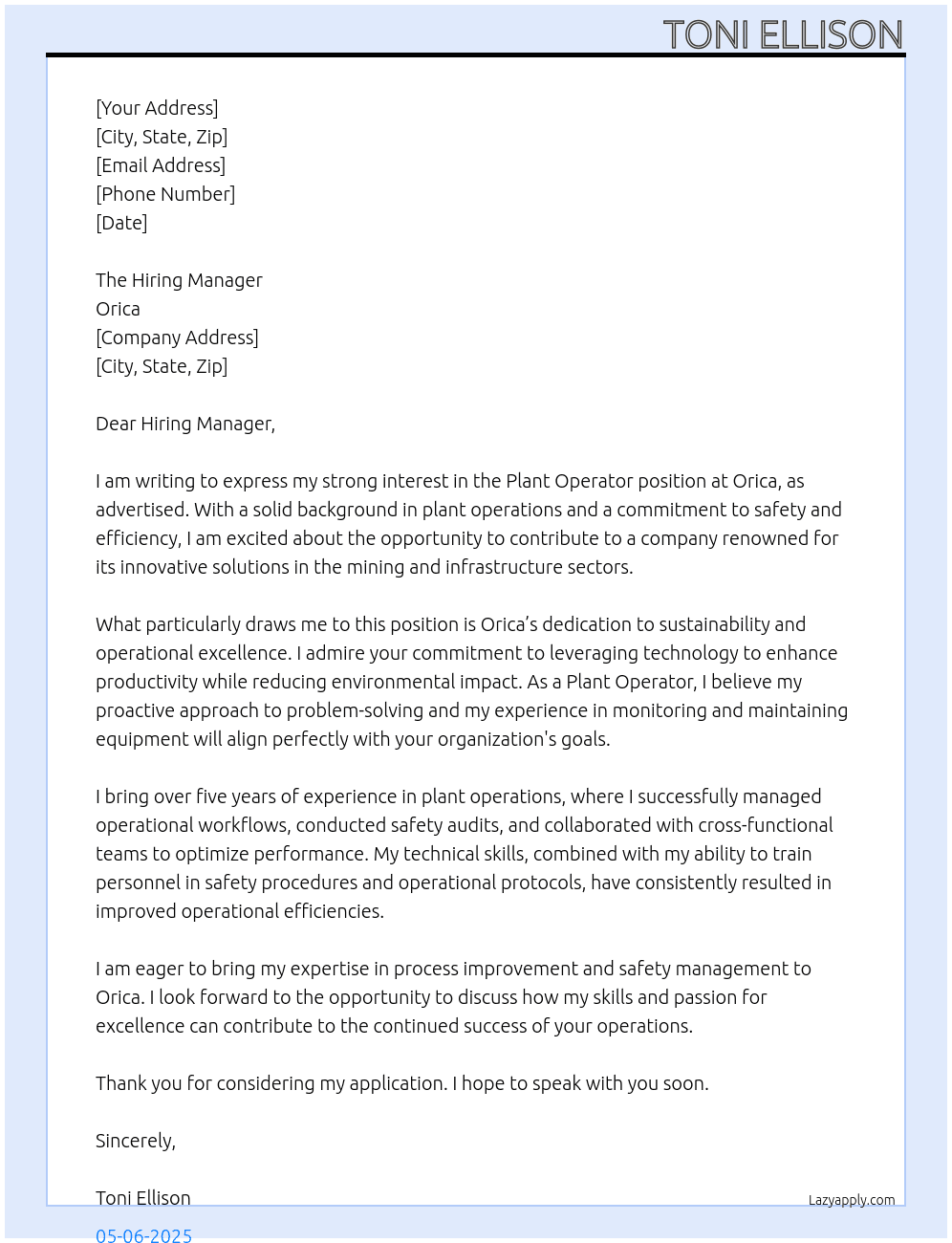 Plant Operator At Orica Cover Letter