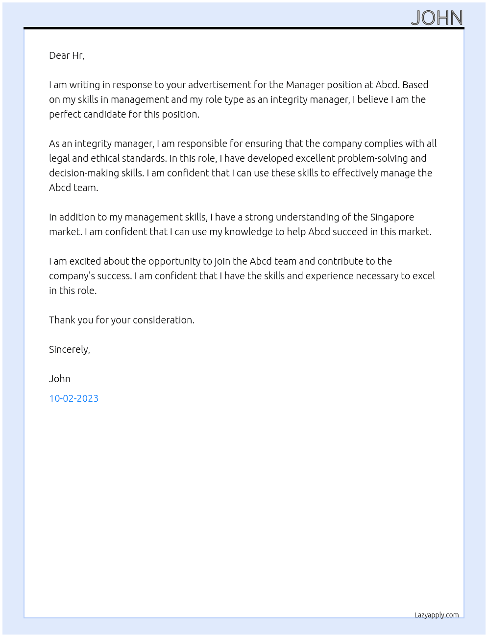 MANAGER At Abcd Cover Letter