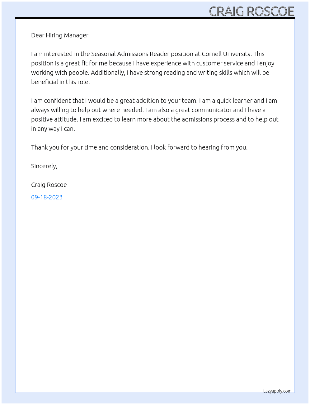 Seasonal Admissions Reader At Cornell University Cover Letter