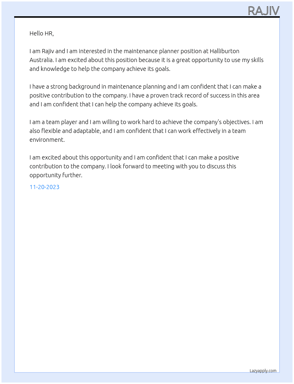 maintenance planner At Halliburton Australia Cover Letter