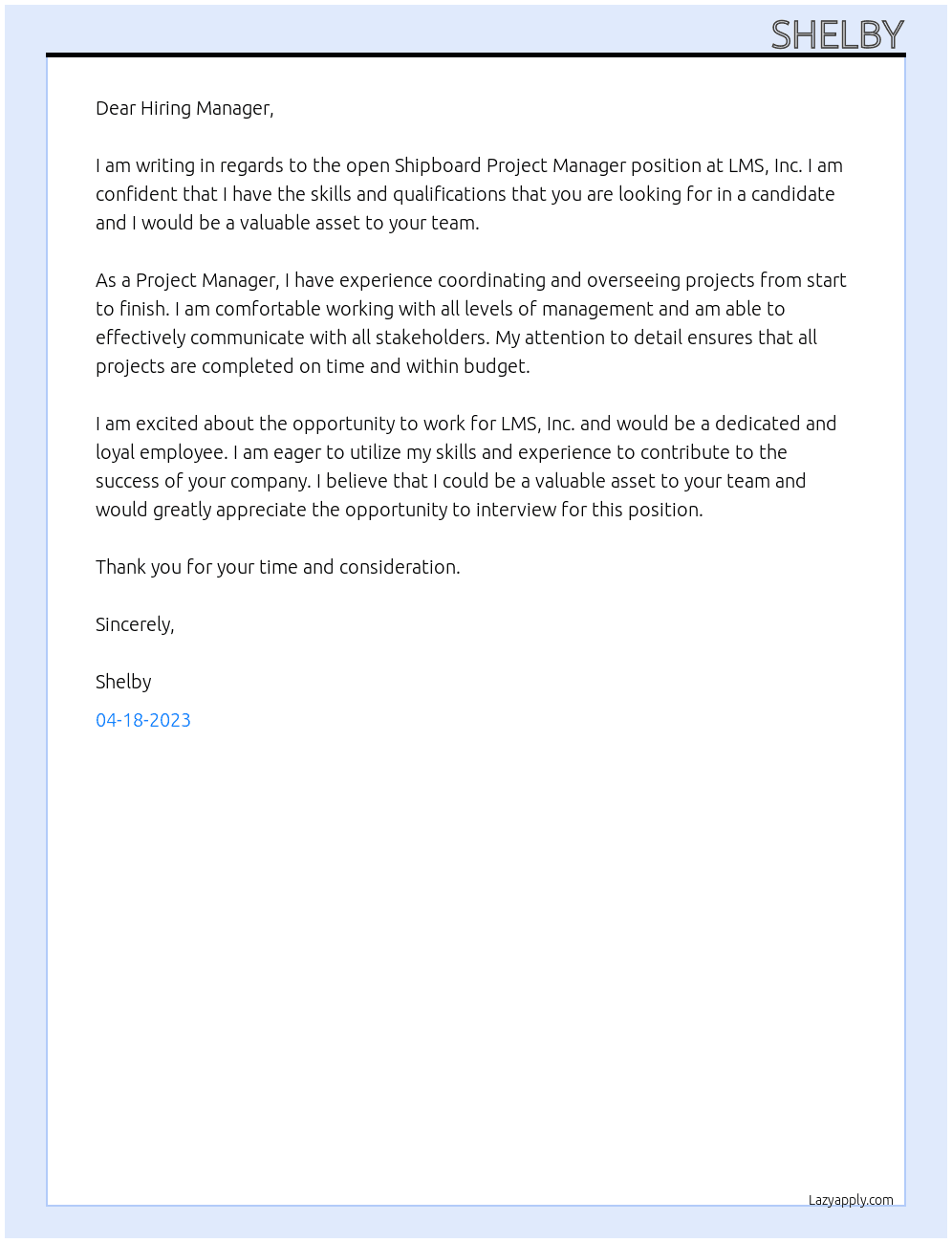 Shipboard Project Manager At LMS, Inc. Cover Letter