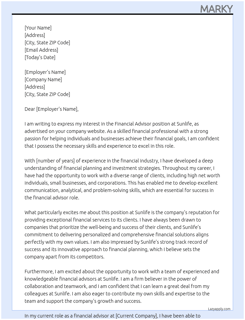 financial advisor At sunlife Cover Letter