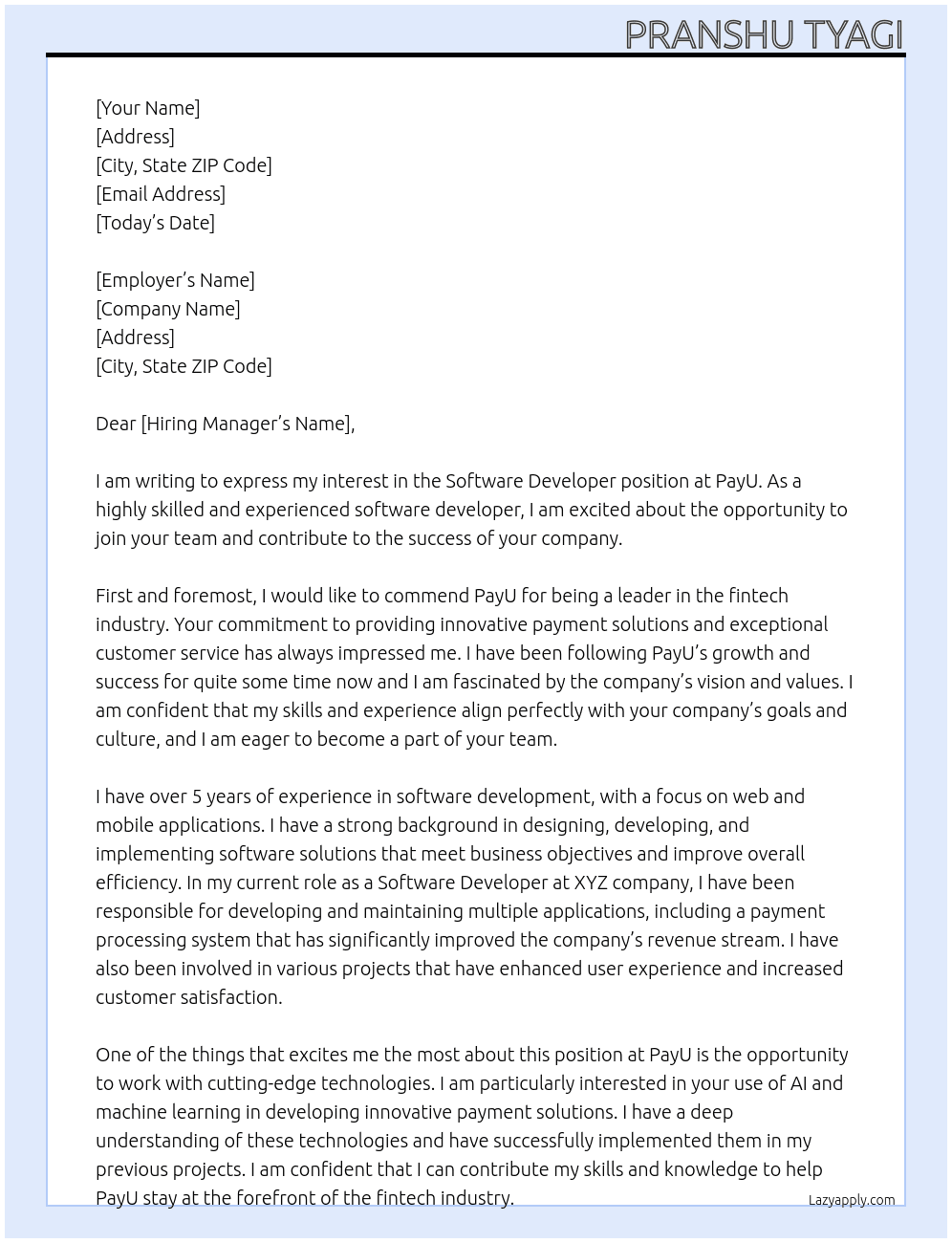 Software Developer  At PayU Cover Letter