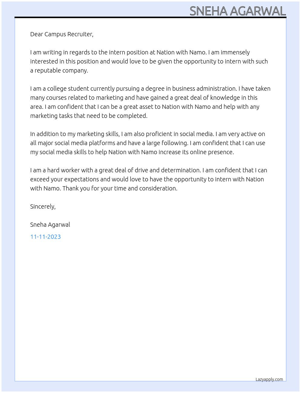 intern At Nation with Namo Cover Letter