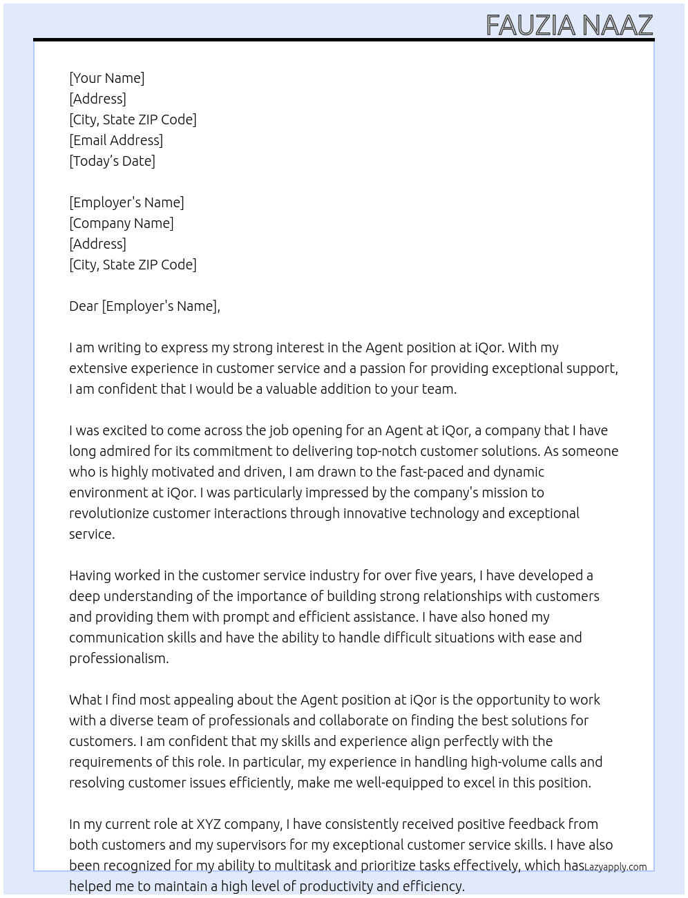 Agent At iQor Cover Letter