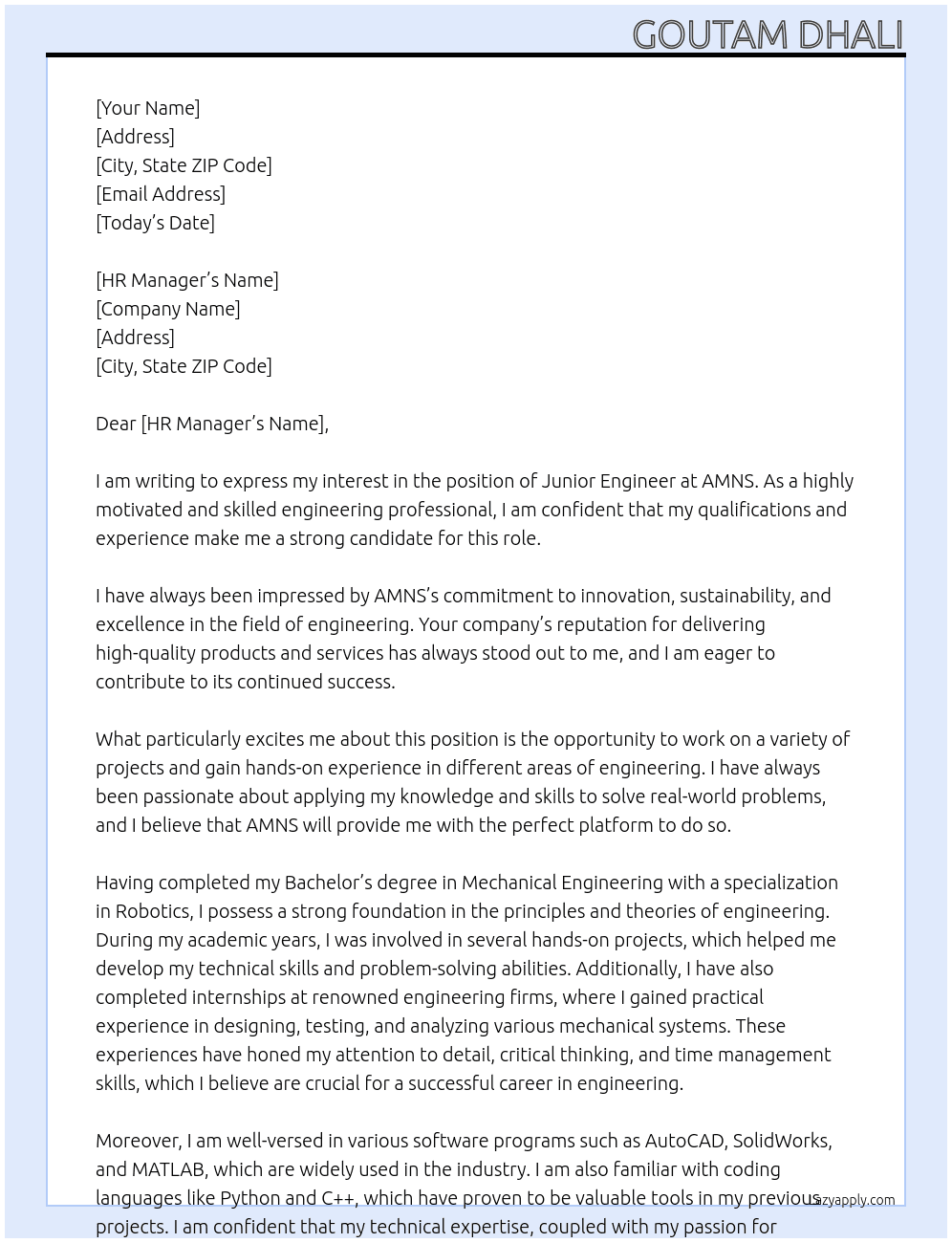 Junior Engineer  At AMNS Cover Letter