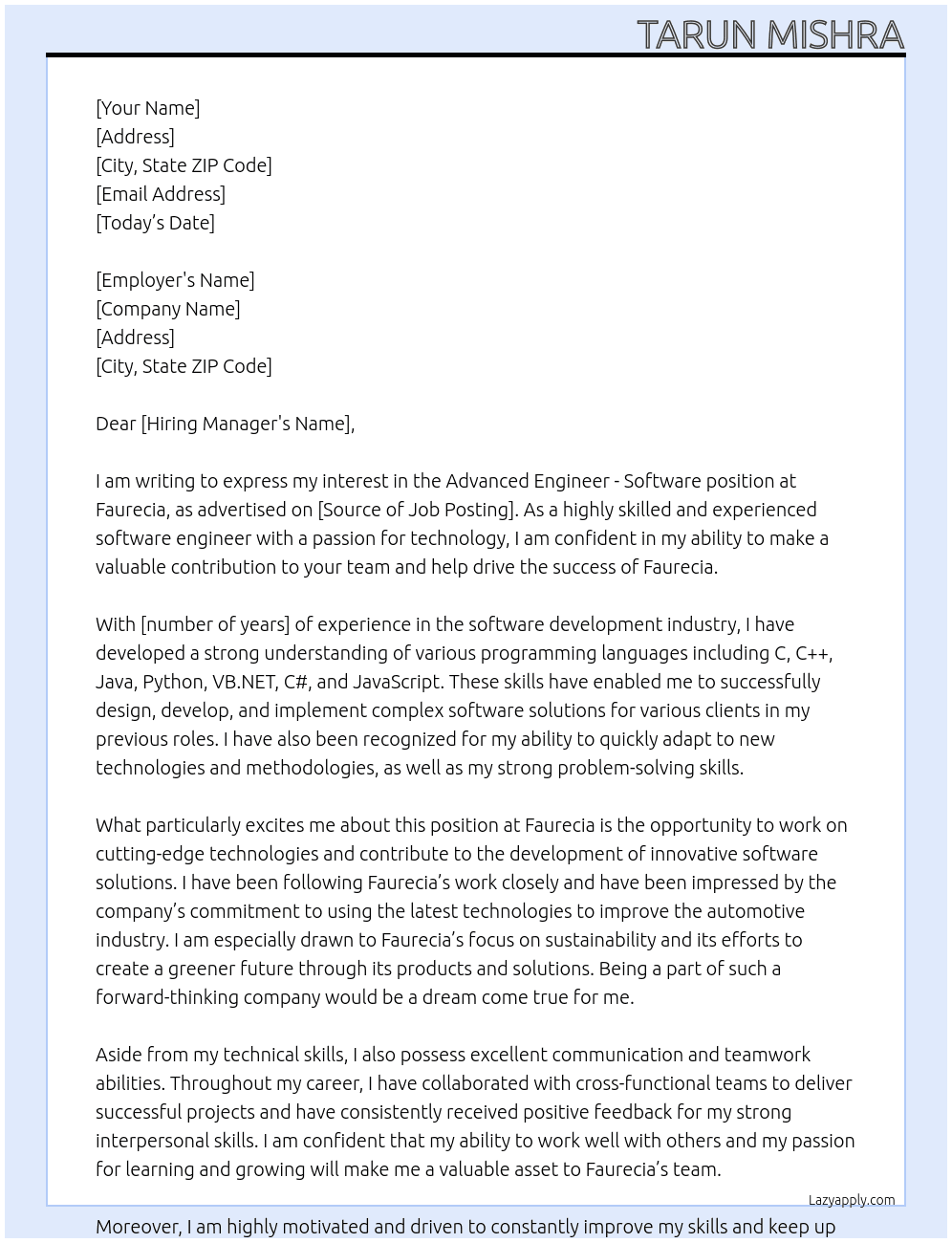 Advanced Engineer - Software (54226) At Faurecia Cover Letter